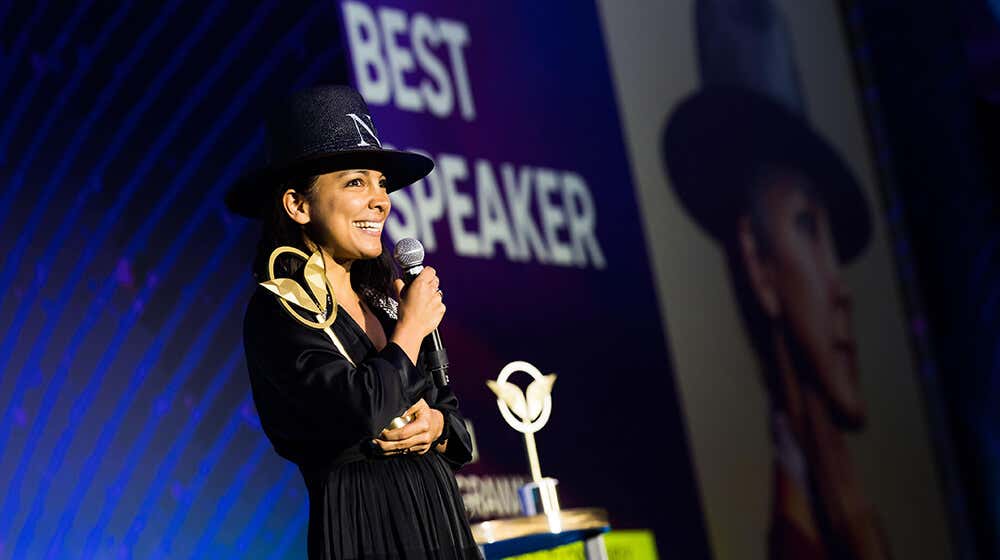 Miki Agrawal receiving the Best Speaker award at A-fest