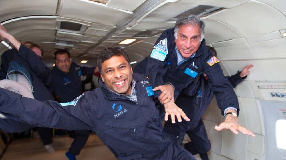 Naveen and Ratan Tata - Indian industrialist, philanthropist - floating in an anti-gravity space plane.