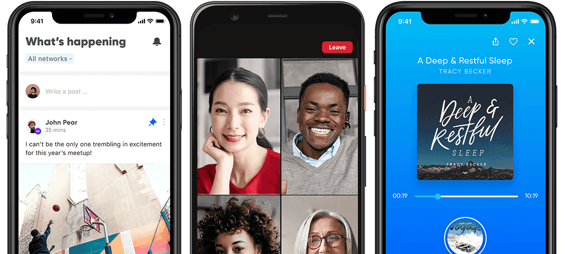 Group coaching, Mindvalley Connections app, Mindvalley app and Omvana app on mobile phones