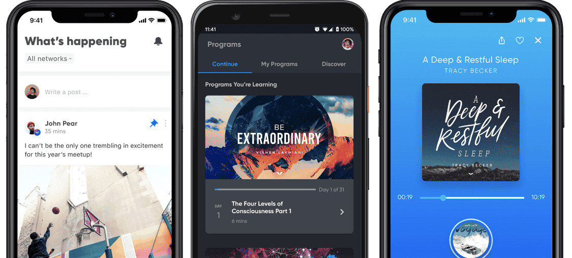 Mindvalley Connections app, Mindvalley app and Omvana app on mobile phones