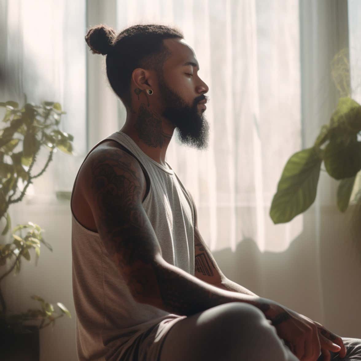A man meditating indoors