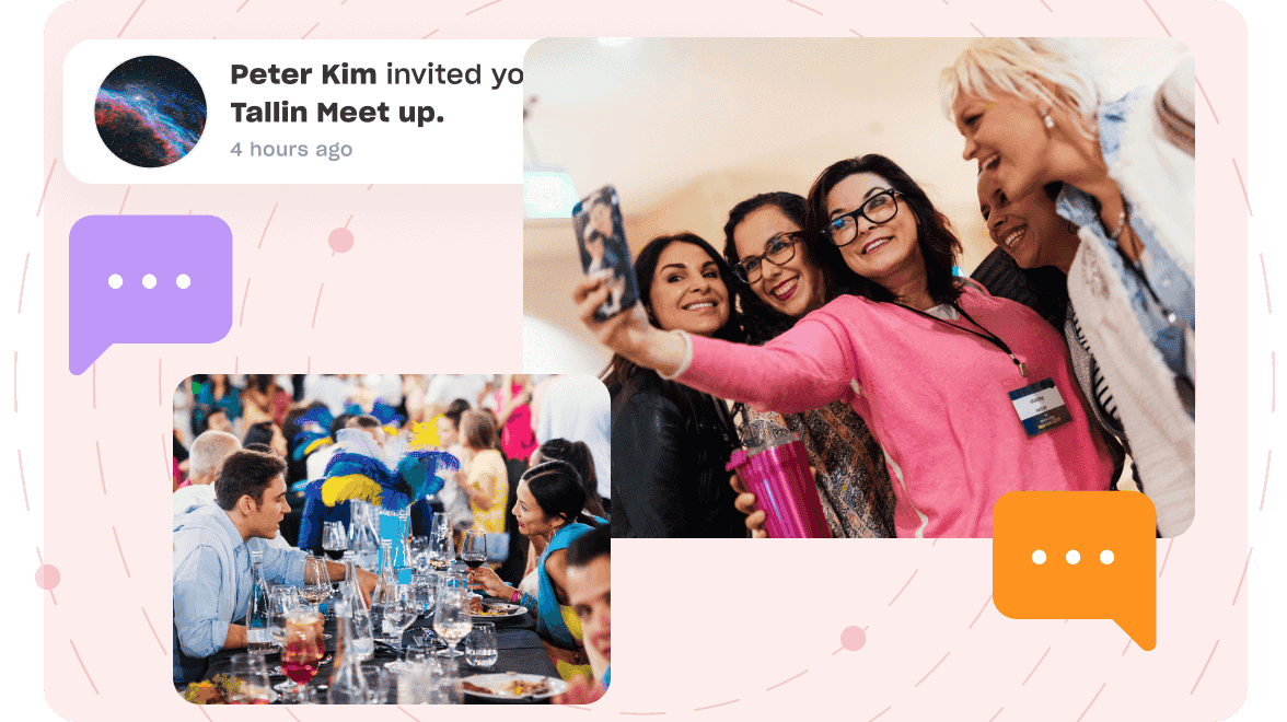 Montage of Mindvalley event pictures and app interface showing cities