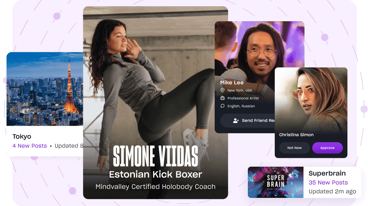 Montage of Mindvalley features, such as Mindvalley certified coaches, , friend request, city meetups, Quest recommendation and more.