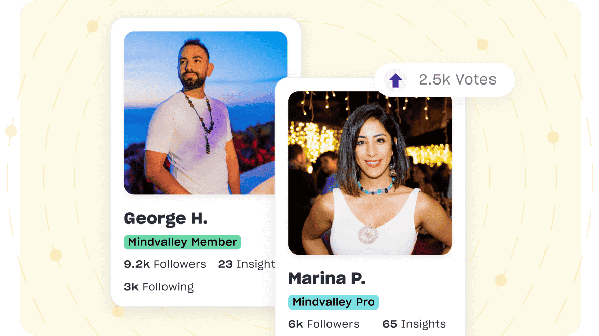 Montage of Mindvalley Insights, showing user profile and upvote button