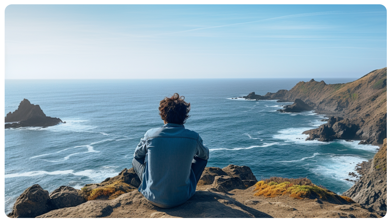 A man sitting and watching the ocean pondering about freedom