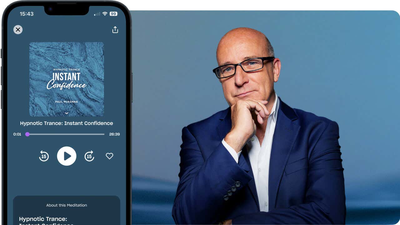 An iPhone displaying the track on Mindvalley app, featuring Paul McKenna on the side
