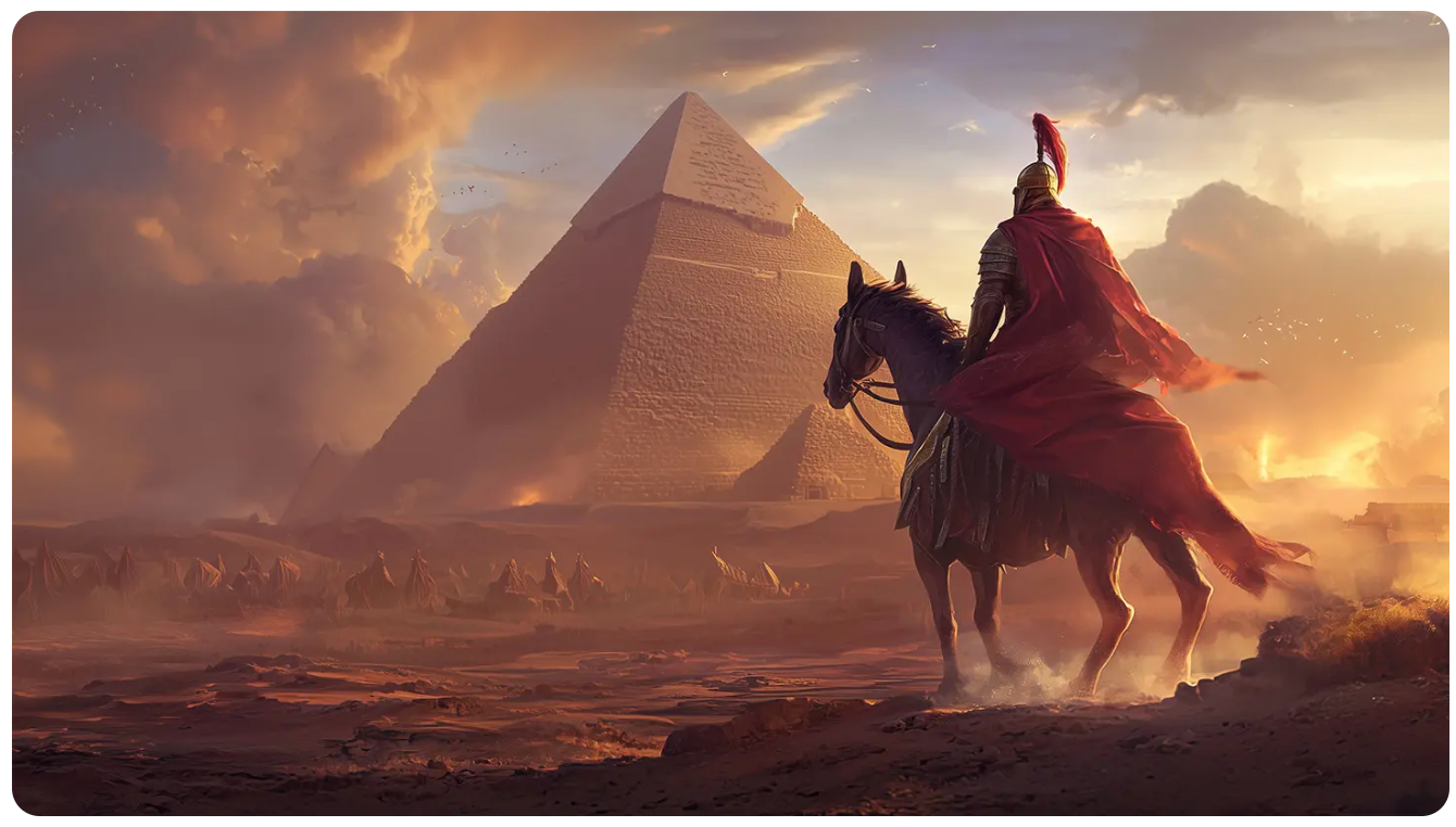 An AI-generated image of Alexander the Great and the Pyramids of Giza