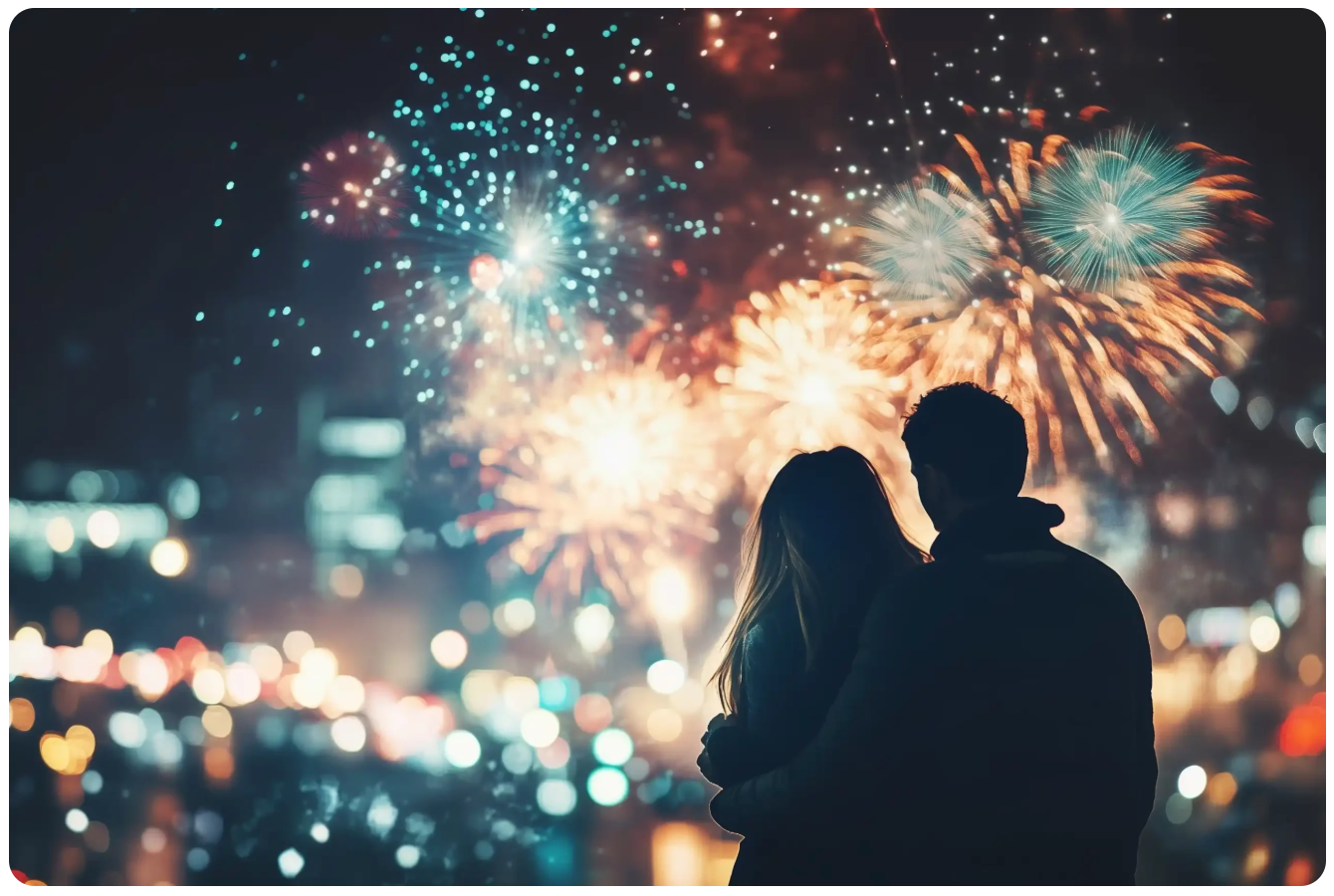 A couple enjoying a New Year's Eve fireworks show