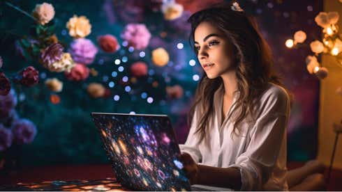 AI generated image of a lady working in front of a laptop, with flowers & fairy lights in the background