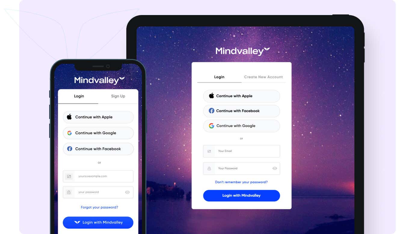 Mindvalley login interface on desktop and mobile