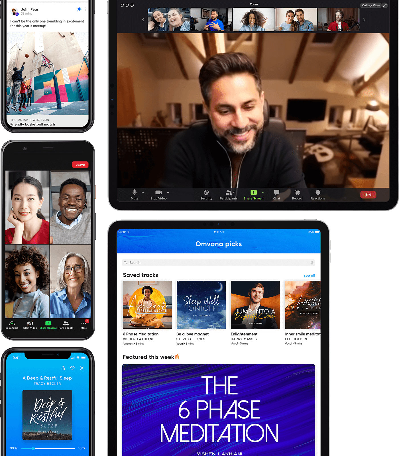 Mindvalley App, Omvana app and Mindvalley Connections app on mobile phone and tablet