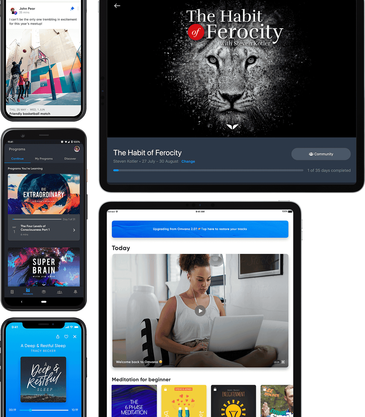 Mindvalley App, Omvana app and Mindvalley Connections app on mobile phone and tablet