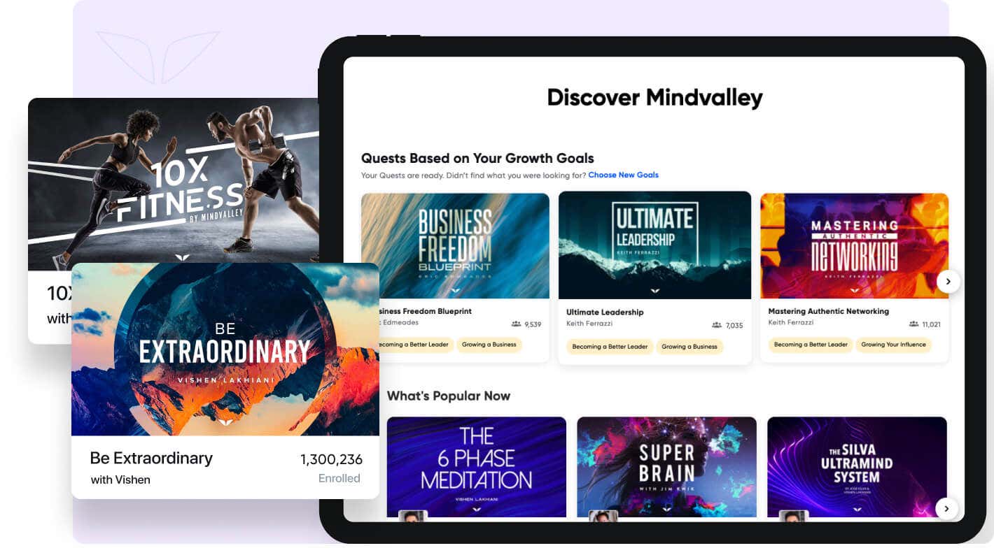Mindvalley's discover page with all quests to browse