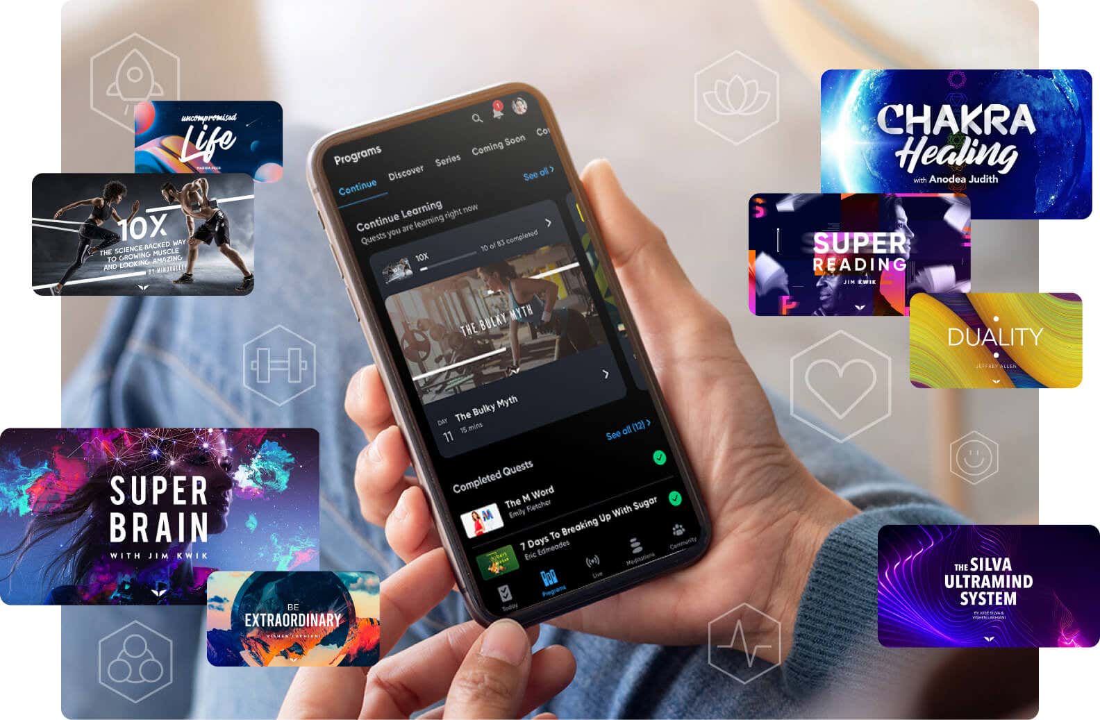 Mindvalley app, featuring Be Extraordinary, 10X Fitness, The Longevity Blueprint, The Mastery of Sleep, and many more programs.