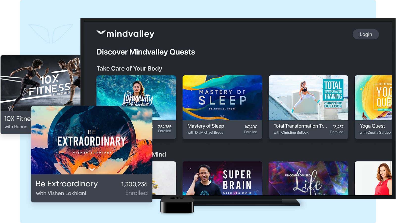 Mindvalley app on Apple TV, featuring Be Extraordinary, 10X Fitness, The Longevity Blueprint, The Mastery of Sleep, and many more programs.