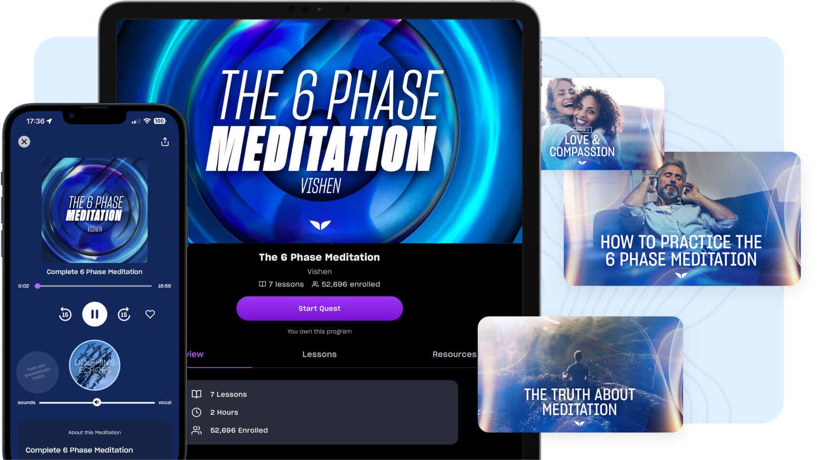 Mobile devices showing The 6 Phase Meditation program
