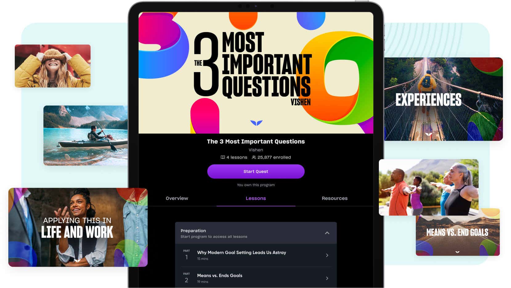 Tablet showing The 3 Most Important Questions program