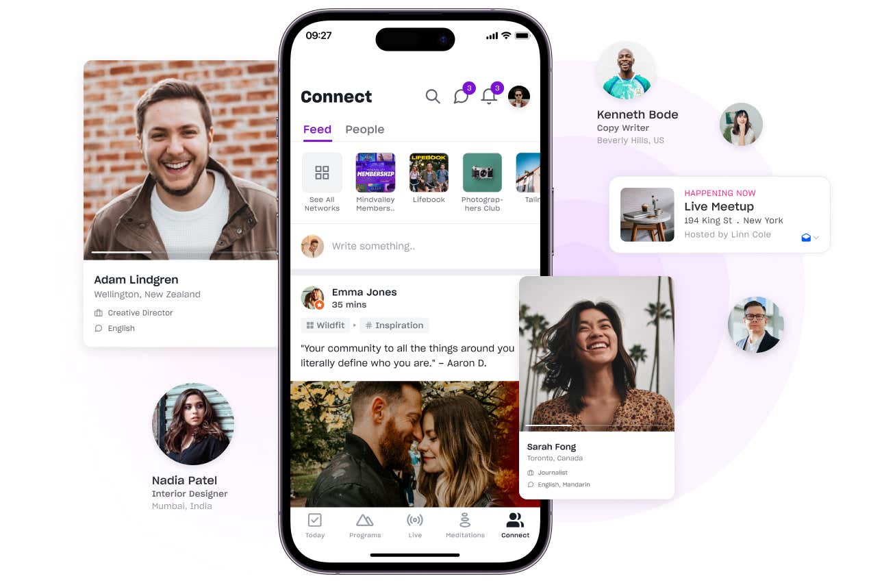 Mindvalley Connection app, showing friend requests, meet up and events and other feature from the app.