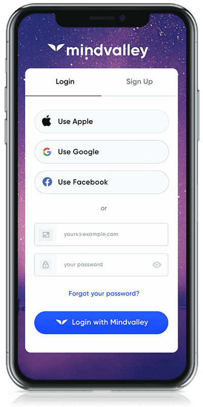 Mindvalley Home Login Bildschirm