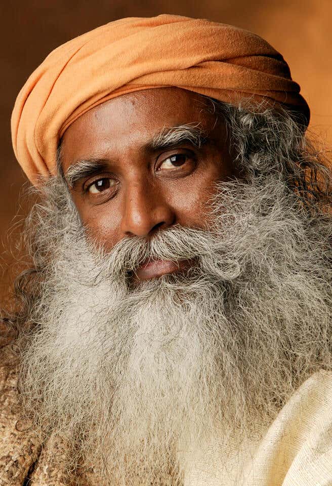 A headshot of Sadhguru with a sharp look
