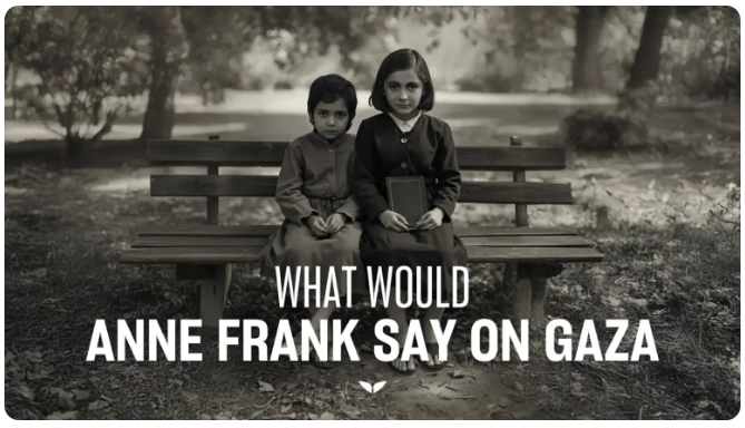 An image with two children sitting on a bench in a black and white aesthetics and a title "What would Anne Frank say on Gaza?"