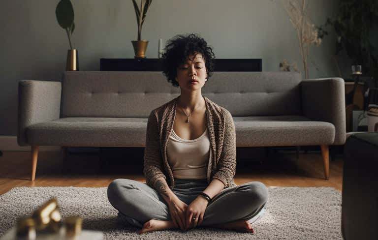 A woman, meditating