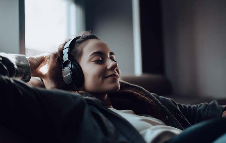 A woman listening to music
