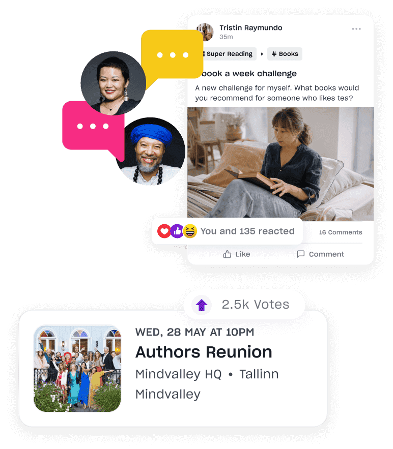 Mindvalley app interface, showing event meetups, connection feeds, and more.
