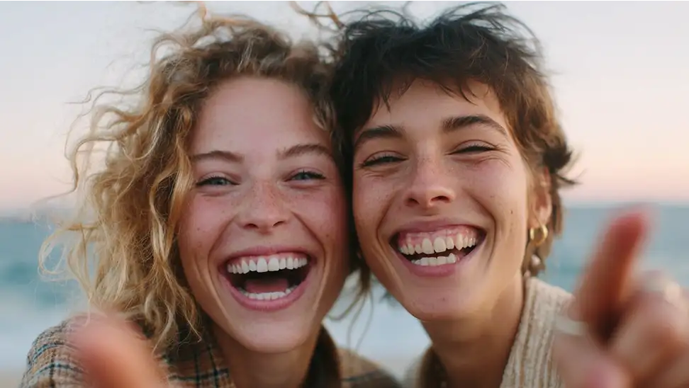 Two cheerful young women laughing and enjoying a joyful moment together at the beach.