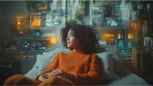 AI generated image of a lady working in front of a laptop, with flowers & fairy lights in the background