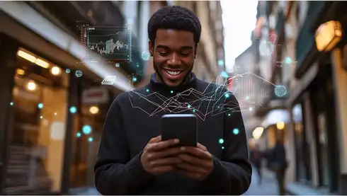 AI generated image of a lady working in front of a laptop, with flowers & fairy lights in the background
